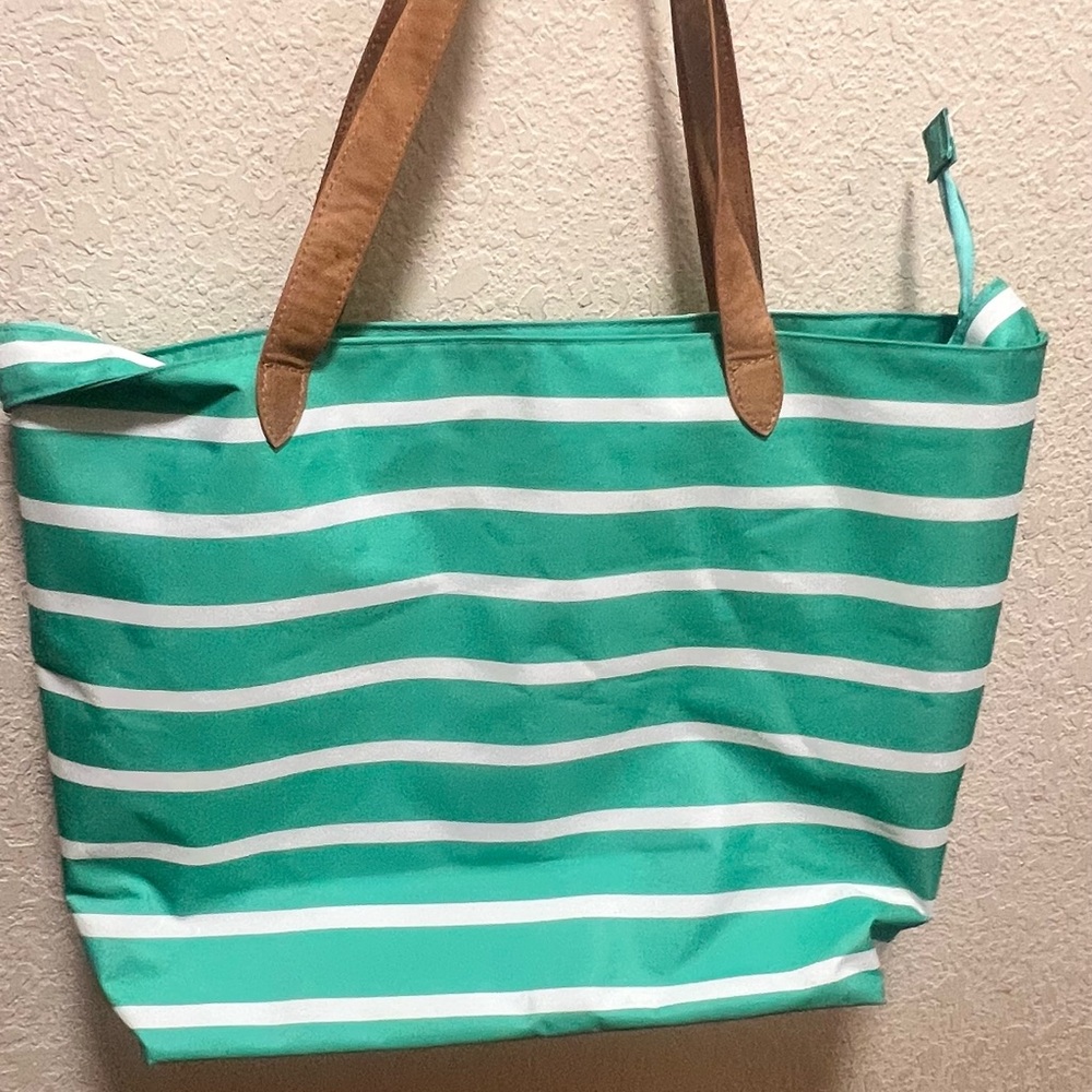 Chic Green and White Striped Tote Bag